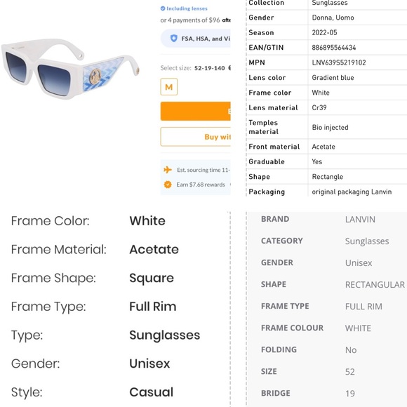 LANVIN RECTANGULAR FASHION FORWARD SUNGLASSES WITH WOVEN FABRIC ARMS,M&D IN GOLD - Picture 3 of 16